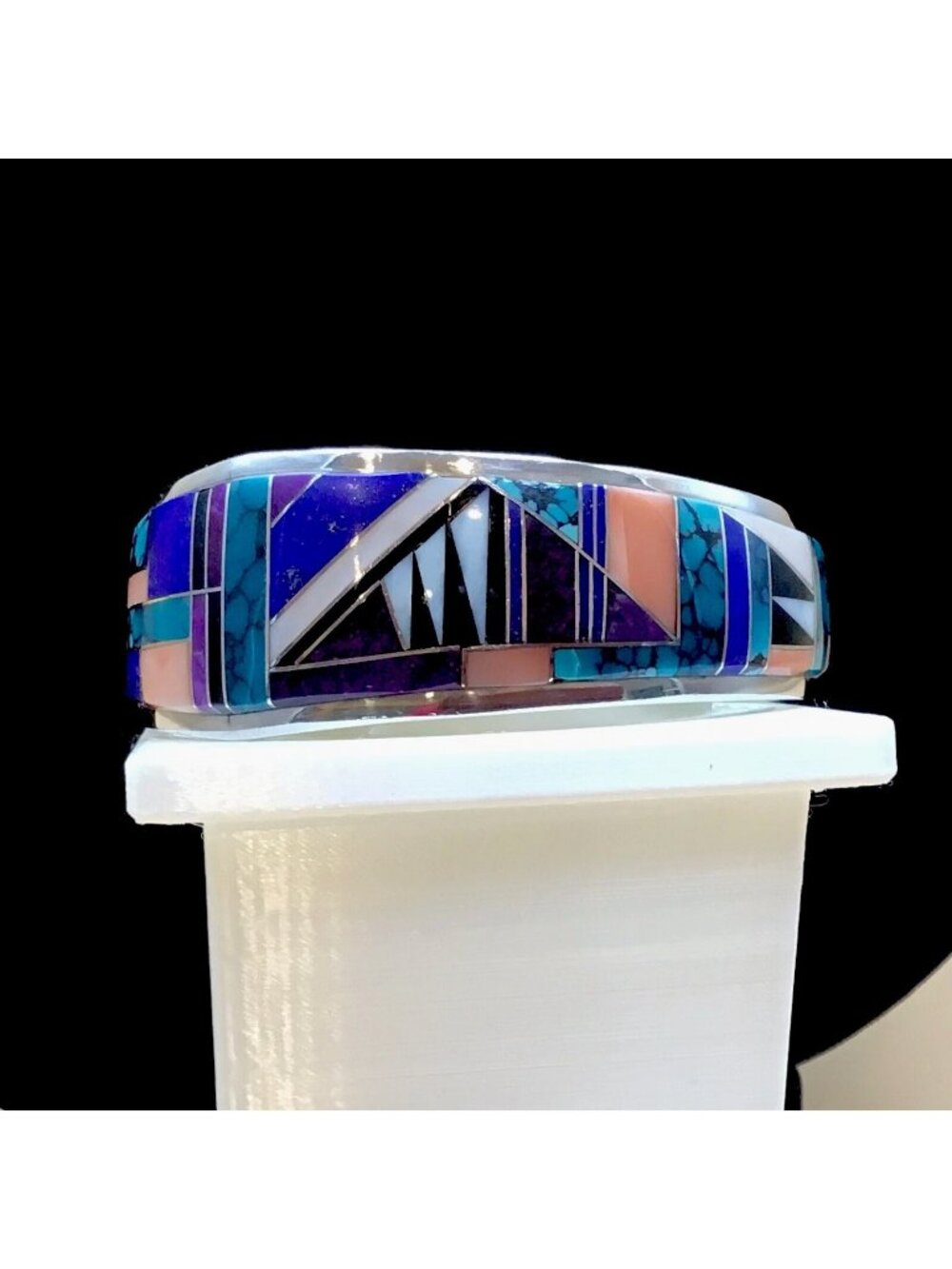 Sterling Silver Multi Stone Inlay Cuff Bracelet Artisan Signed 57.5 Gm Size 6.5